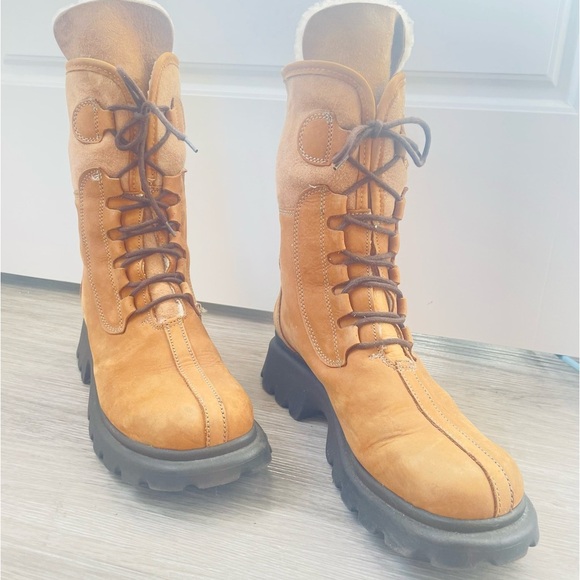 ALDO TAN SHERLING WOOL LACE UP BOOTS SIZE 39 MADE IN ITALY BLOCK HEELS - Picture 15 of 17